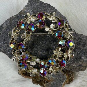 Vintage Coro Red AB Rhinestone Clover Wreath Brooch Silver Tone 2"